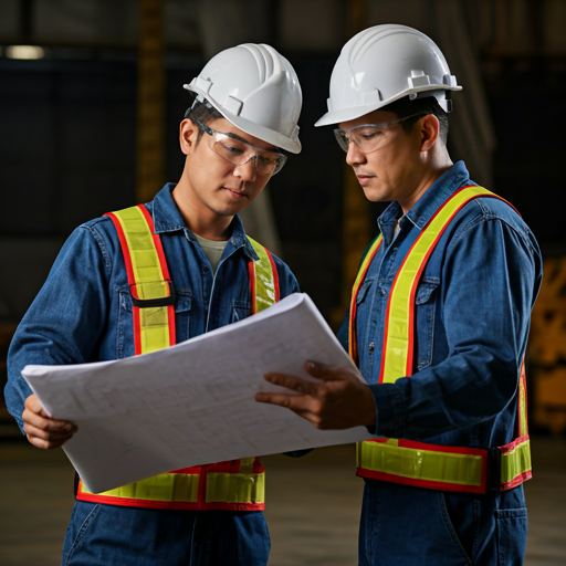 Professional shipyard workers reviewing blueprints in safety gear