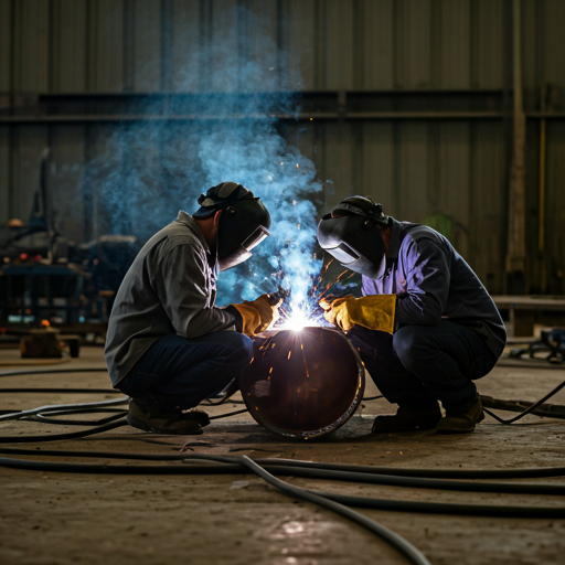 Dramatic welding sparks in dark shipyard environment